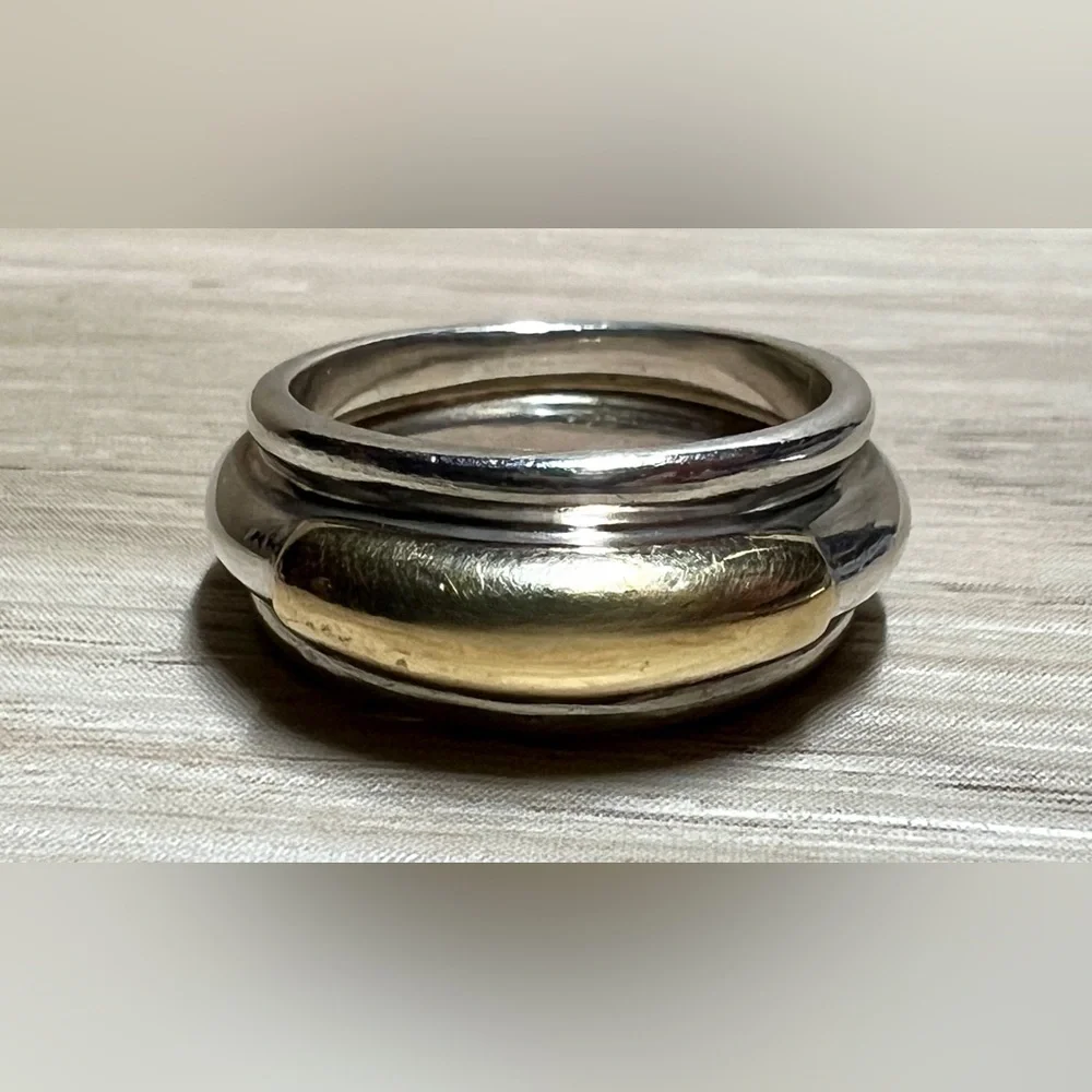 Vintage Designer Ilias Lalaounis Sterling Silver & 14K Gold Band Ring, Size 6.5